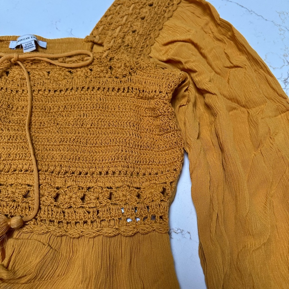 American Eagle Mustard Crochet Peasant Blouse - Picture 3 of 5